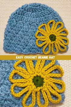 two crocheted hats with yellow and blue flowers