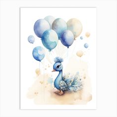 a watercolor painting of a blue bird with balloons floating in the air on a white background