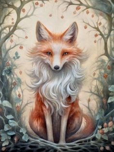 a painting of a fox sitting in the woods