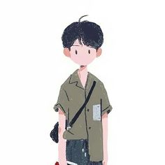 a drawing of a boy with a camera in his hand and a bag on his shoulder