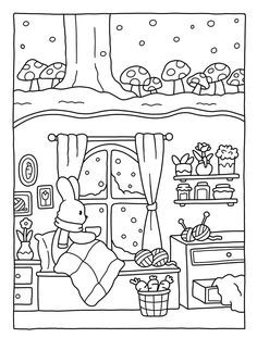 a black and white drawing of a rabbit in the living room with mushrooms on the wall