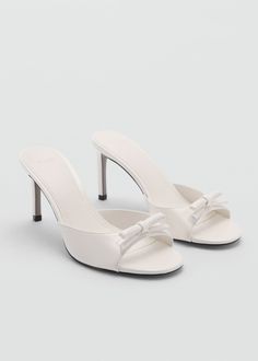 Bow heel sandals - Women | MANGO USA White Heels Prom, Graduation Heels, White Heels Wedding, Mango Shoes, Homecoming Shoes, Fancy Heels, Feminine Shoes, White Sandals Heels, Prom Heels