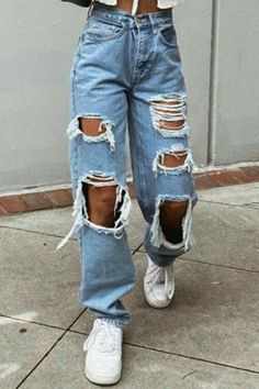 Ripped High Waisted Jeans, Ripped Jeans Women, Moda Denim, Jean Large, Moda Jeans, Boyfriend Jean, Loose Fit Jeans, Destroyed Jeans