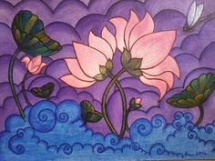 a painting of two pink flowers with green leaves on purple clouds and blue water below