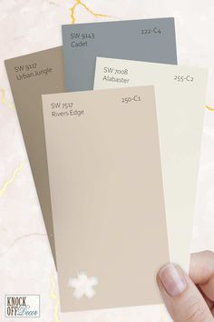 a hand holding three different shades of paint swatches in front of a marble background