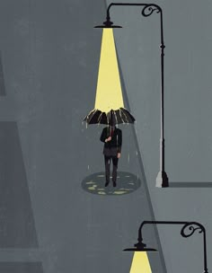 a man with an umbrella is walking down the street in the rain under two lamps