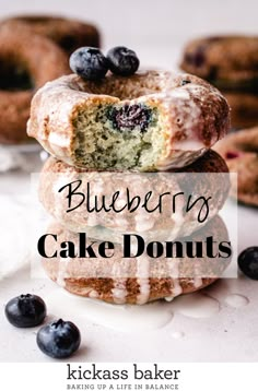 blueberry cake donuts stacked on top of each other with the title overlay