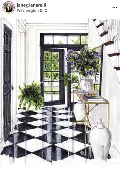 a black and white checkered floor with flowers in vases on the end table