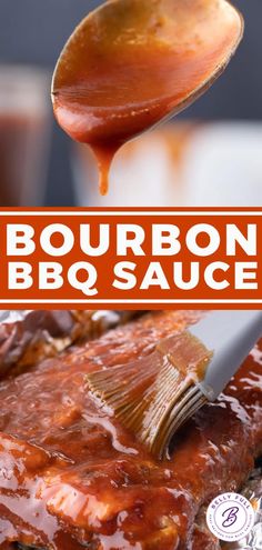 the bbq sauce is being drizzled over ribs