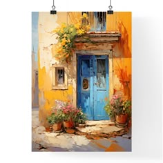 a painting of a blue door with flowers in pots on the side of a building