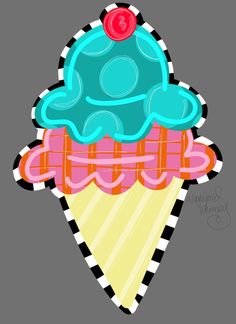 an ice cream cone with a blue frosting and red cherry on top, sitting in front of a gray background