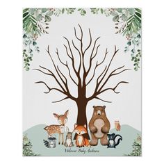 a family tree with woodland animals and leaves on it, in front of a white background