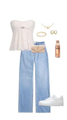 a white top, jeans and shoes are arranged on a white background with gold accessories