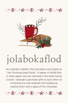 a christmas card with the words jolaboka flod and a cup of coffee