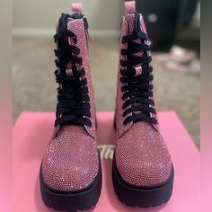 Brand New In Original Box With Original Stuffing Size 6 Pink Sparkling Boots For Party, Pink Sparkling Party Boots, Sparkling Pink Party Boots, Pink Glitter High Heel Boots, Glitter Boots With Round Toe, Trendy Glitter Boots With Round Toe, Pink Round Toe Party Boots, Trendy Pink Glitter Boots, Pink Glitter Boots With Round Toe