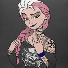 a woman with pink hair and tattoos on her arm, wearing a t - shirt