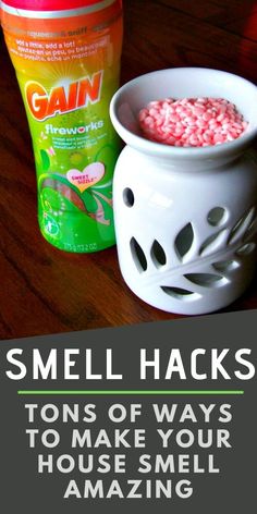 a bowl of candy next to a container of mouthwash on a wooden table with text overlay that reads smell hacks tons of ways to make your house smell amazing