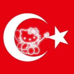 hello kitty on the moon with stars and crescent in the sky, against a red background