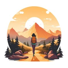 a person with a backpack walking down a path in the mountains at sunset or sunrise