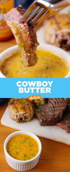 the cover of cowboy butter is being lifted by a fork from a bowl with soup in it