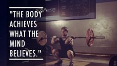 a man squats with a barbell in front of him and the words, the body achieves what the mind belies