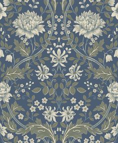 a blue and white floral wallpaper with flowers on the bottom, in an ornate pattern