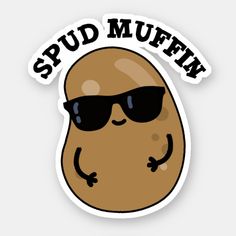 a sticker with the words spud muffin in sunglasses on it's face