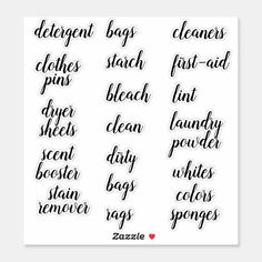 the word laundry room organization stickers are shown in black and white, with handwritten lettering