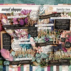 a collage of different items with the words family ties and flowers on them,