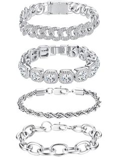 PRICES MAY VARY. Stackable Silver Chain Bracelet: Elevate your style with silver bracelet stack, a set of four dainty thick silver bracelets for women designed for versatility. This womens bracelet set includes a dazzling silver simulated diamond tennis bracelet, an iced out cuban link bracelet, a chunky oval link bracelet, and a stylish rope chain bracelet. Wear womens silver bracelets individually for a subtle touch or stack them to create a layered, trendy look. Silver Bracelet Set Materials: Chunky Silver Bracelet, Bracelet Thick, Gold Layered Bracelets, Silver Bracelet Stack, Gold Bracelets Stacked, Paperclip Bracelet, Cuban Bracelet, Dainty Gold Bracelet, Womens Bracelet