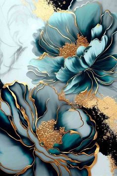 an abstract painting with gold and blue flowers