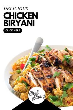 chicken biriyani with rice and vegetables in a white bowl on a black and white background