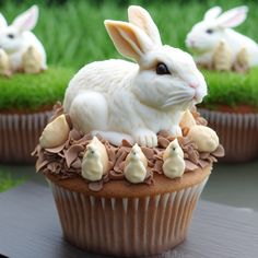 some cupcakes with white frosting and brown icing on them are sitting in the grass