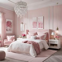 a bedroom with pink walls and white bedding, chandelier, chair, rug and painting on the wall