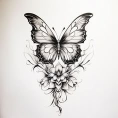 a black and white drawing of a butterfly with flowers on it's back side