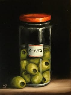 an oil painting of green olives in a glass jar with a label that reads olives