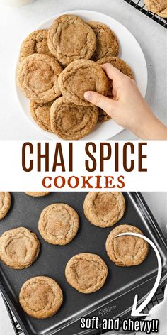 the recipe for soft and chewy chai spice cookies is shown in two pictures