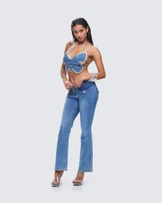 The Y2K jeans of your dreams 💅 With a low rise fit, these denim jeans are the perfect timeless pair for when you want to bring a little extra flare to the occasion 💙 Y2k Style Fitted Cargo Jeans, Medium Wash Mid-rise Jeans For Night Out, Mid-rise Medium Wash Jeans For Night Out, Mid-rise Denim Jeans For Night Out, Medium Wash Fitted Jeans For Night Out, Y2k Style Denim Flare Jeans, Y2k Dark Wash Flare Jeans, Fitted Medium Wash Jeans For Night Out, Summer Denim Flare Jeans For Night Out