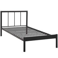 a black metal bed frame with no headboard