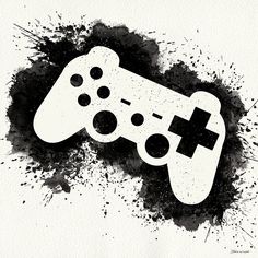 a black and white drawing of a video game controller with paint splatters around it