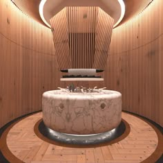 a bathroom with a round marble tub and wooden paneling on the wall behind it