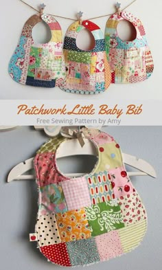 three bibs hanging on a clothes line with the title patchwork little baby bib free sewing pattern by any