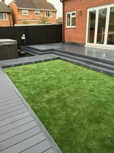 an outdoor area with grass and decking