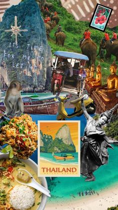 collage of food and travel related images including mountains, boats, people in the water