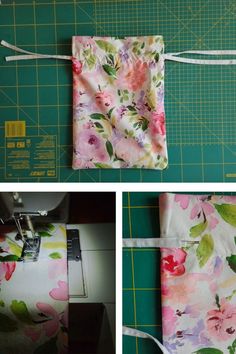 the fabric is being sewn together to make a flowered bag with ribbon ties