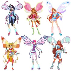 four different types of tinkerbells are shown in various poses and sizes, all with wings