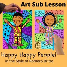 two children are holding up their hands to draw pictures on paper with the words art sub lesson