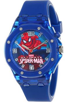 a blue watch with spiderman on the face