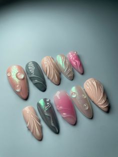 3D Pink Mermaid Press On Nails made for you. In the picture - long almond shape.   Very high quality and will last you up to 2 weeks. After right removal can be reusable. Just choose the shape and length of the nail you would like and choose the size of your nail bed, or choose the option - custom.  I highly recommend to purchase my Nail Sizing Kit from my page to make sure they fit perfectly before purchasing any designed Press On Nails Press On Nails 2022 Trends, Press On Nail Round Pink Wave, Basic Press On Nails, Aura Nails With 3d Gel, Press On Nail Designs Nailart, Nail Art Press On, 3d Mermaid Nails, Custom Press On Nail Designs, Easy Mermaid Nails