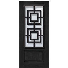 a black and white door with an intricate design on the glass paneled front door